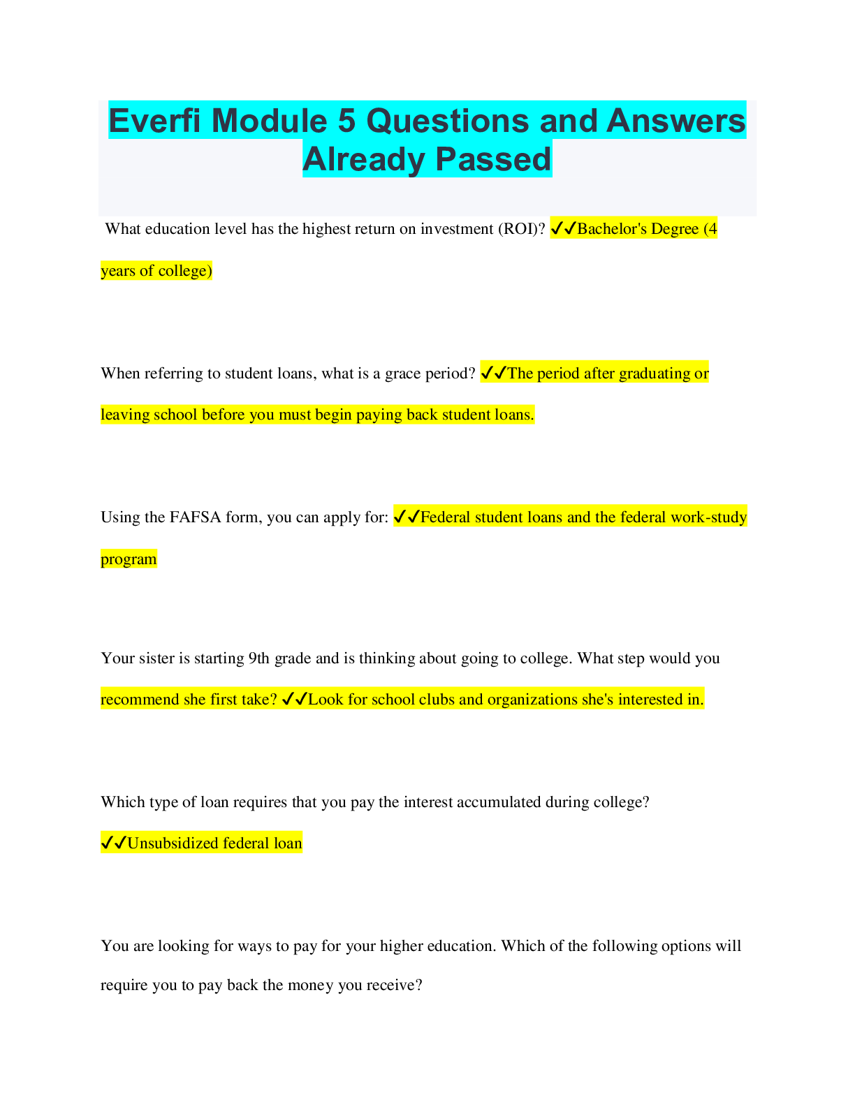 Everfi Module 5 Questions and Answers Already Passed - Browsegrades